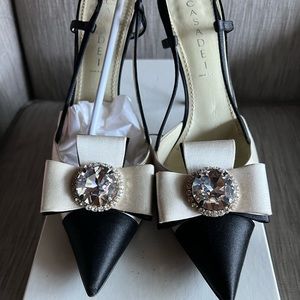 Casadei Swarovski and bow black and white satin heel sz 10